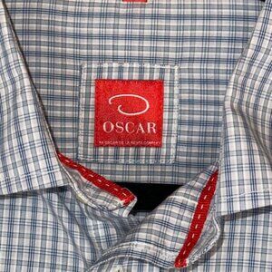Oscar De La Renta Shirt Mens L Gray Blue Plaid Combed Cotton Short Sleeve